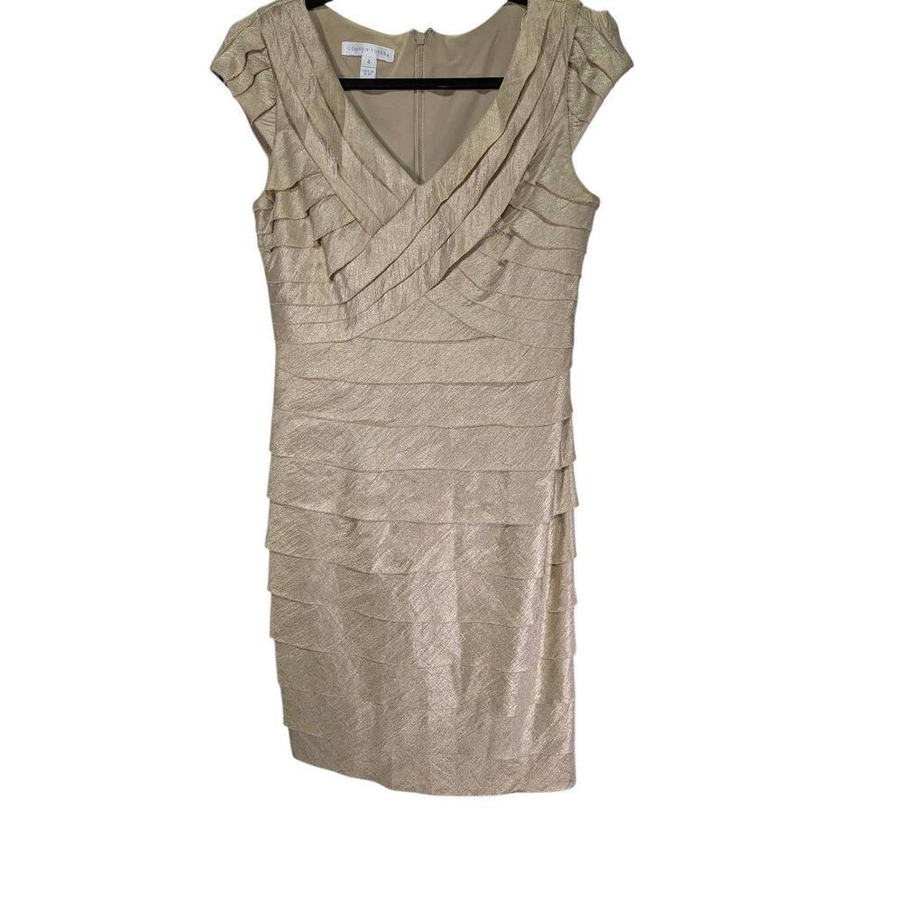 London Times Cocktail Dress Tan Gold Layered Ruffle V Neck Sheath Women's Size 4